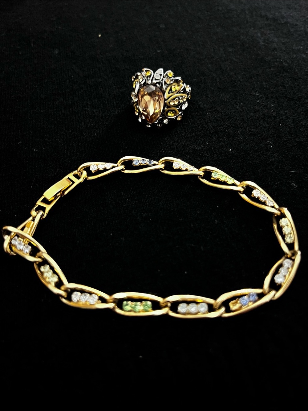 Gold Tone Pastel Rhinestone Bracelet & Amber Crystal Cocktail Ring